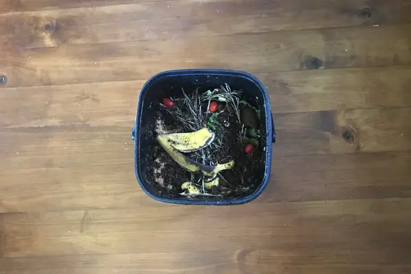 bokashi bucket with food waste scraps