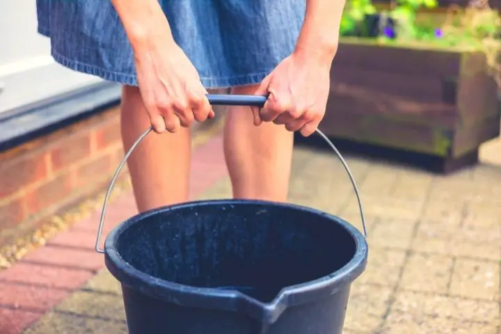 Girl With Water Bucket On Garden