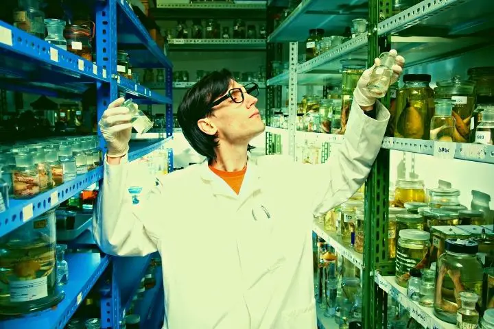 Man Is Holding Formaldehyde Next To Shelves With It