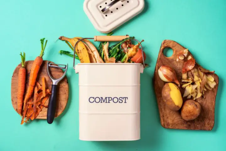 Compost Bucket And Leftover Vegetable Peelings On Boards