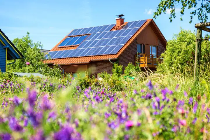 House With Solar Panels On A Roof And Flowers In Front Of It