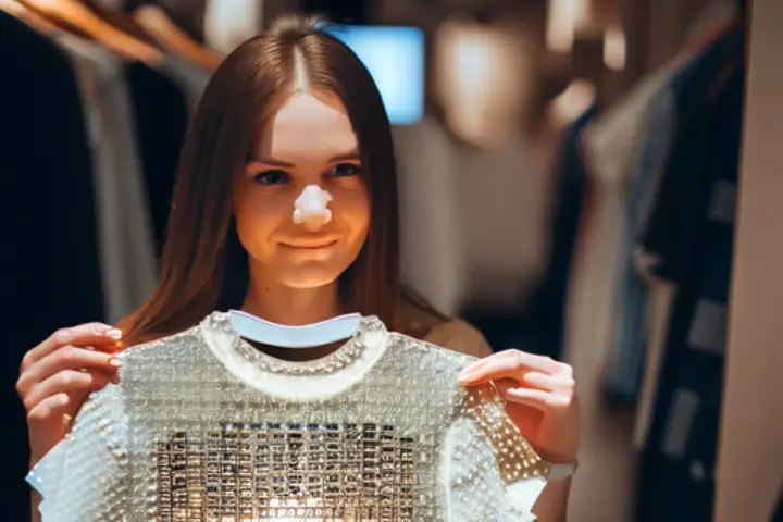 Woman In A Clothing Store Holds In Her Hands T Shirt Made Of Solar Fabric